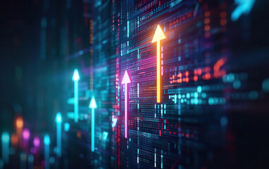 Obraz premium Abstract digital display, upward glowing arrows, bright neon, futuristic theme