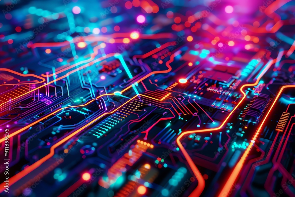 Aufkleber vibrant neon circuit board patterns showcasing advanced technology and digital innovation in an abst