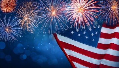 Fireworks and an beautiful american flag are in the background generative AI, American flag with glitter bokeh background and fireworks