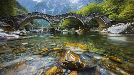 A trough valley with ancient stone bridges spanning a clear, flowing river