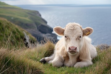 A young cow rests peacefully on a grassy cliffside with a stunning coastal view in the background.