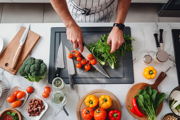 Point-of-view of a person chopping vegetables on a cutting board, with various fresh ingredients and cooking utensils on a kitchen countertop.