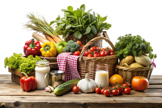 Assortment of fresh vegetables and milk on wooden table