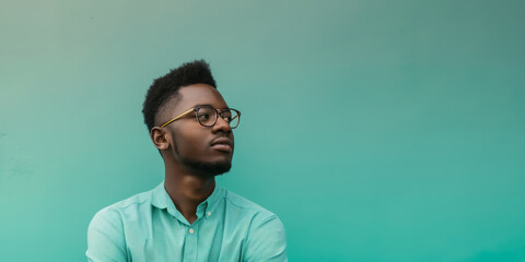 Fototapeta premium A confident man wearing glasses stands against a striking teal background, exuding a strong sense of individuality and style.