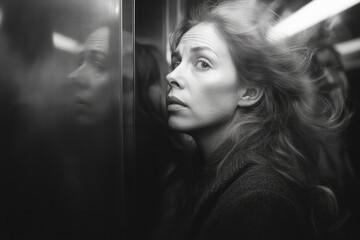 Abstract representation of emotions and thoughts swirling around people stuck in an elevator,