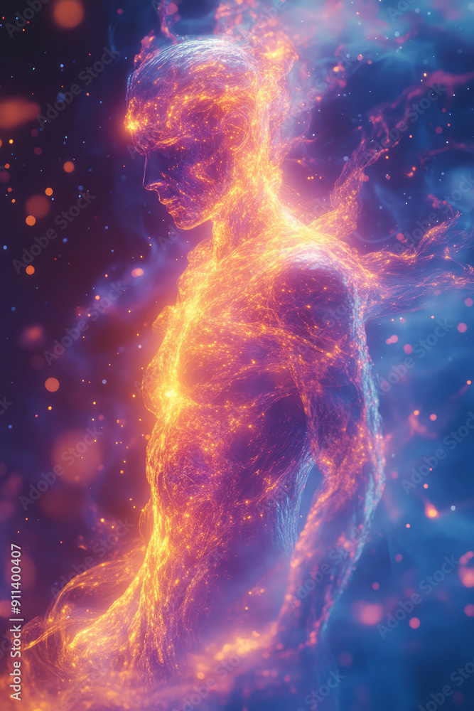 Poster abstract representation of a juggler with interconnected, glowing shapes, forming a dynamic visual,