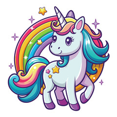 Fototapeta premium Cute magical unicorn and raibow. Print for t-shirt or sticker. Vector design isolated on white background. Romantic hand drawing illustration for children
