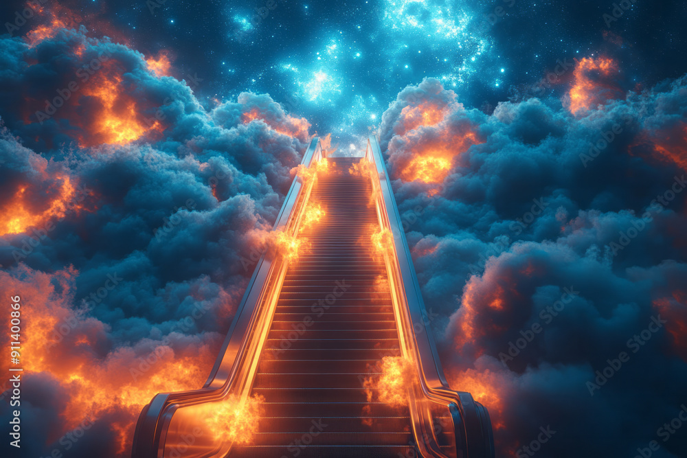 Poster futuristic scene of an escalator ascending through clouds and stars, representing a journey to the f