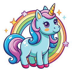 Cute magical unicorn and raibow. Print for t-shirt or sticker. Vector design isolated on white background. Romantic hand drawing illustration for children