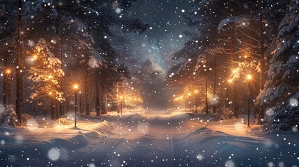 Fototapeta premium snow falling at night in a snowy dark forest with lights and stars