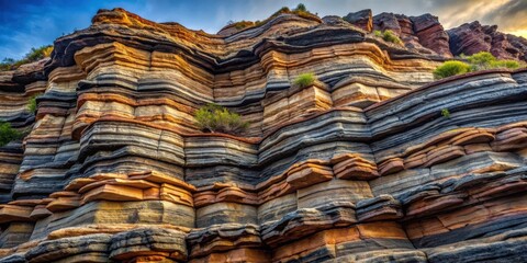 Multi-layered rock formation with dark to light textures and colors , rocks, layers, textures, colors, pattern, geology