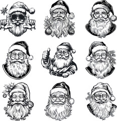 Cool Santa Claus Faces Silhouettes with Sunglasses in Black and White Vector