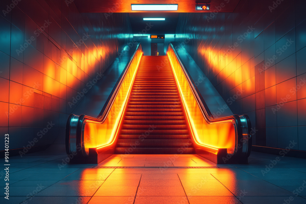 Aufkleber minimalist design of an escalator with glowing edges, highlighting its path towards a futuristic lan