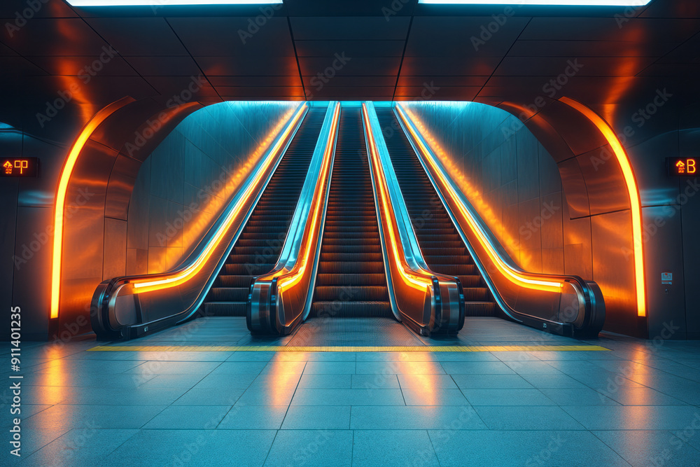 Aufkleber minimalist design of an escalator with glowing edges, highlighting its path towards a futuristic lan
