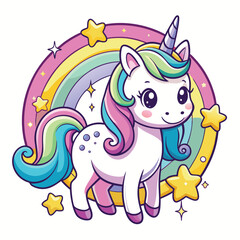Cute magical unicorn and raibow. Print for t-shirt or sticker. Vector design isolated on white background. Romantic hand drawing illustration for children