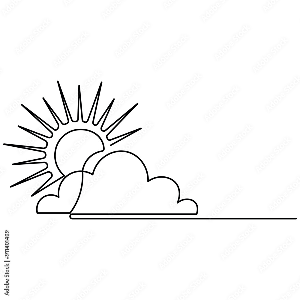 Poster cloud single line art, continuous one line drawing of isolated outline vector art