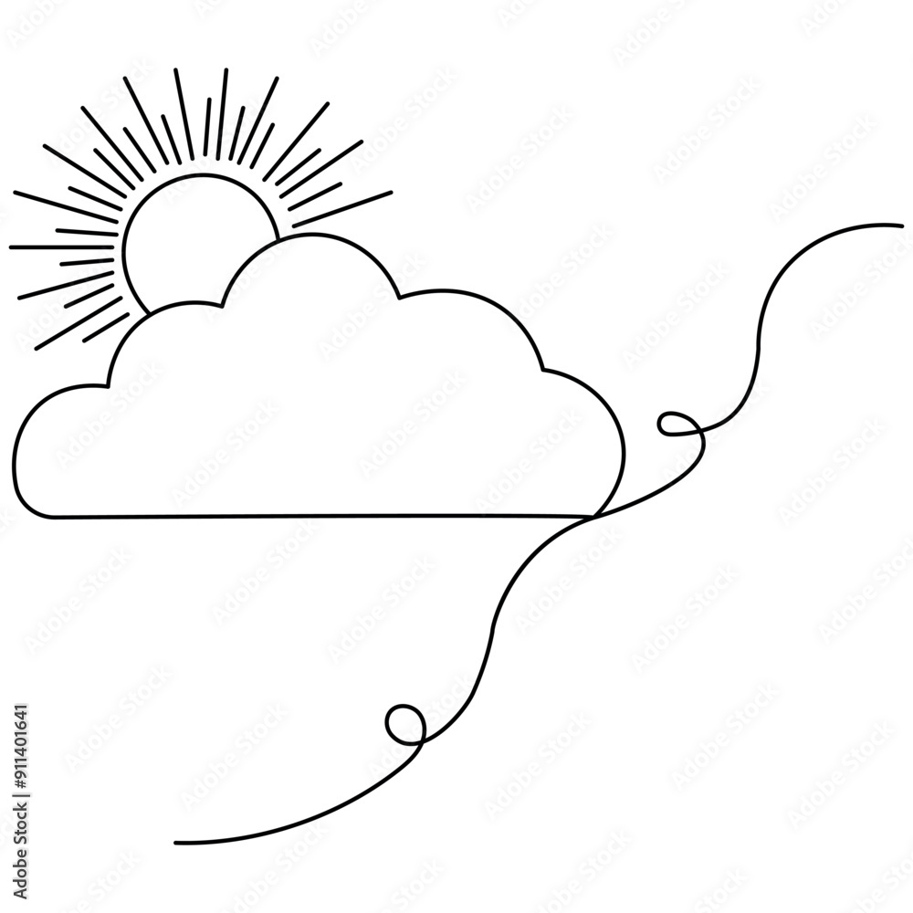 Poster cloud single line art, continuous one line drawing of isolated outline vector art