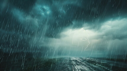 Rainstorm weather, strong storm accompanied by lightning and thunder, dark clouds in the sky, rain poured down
