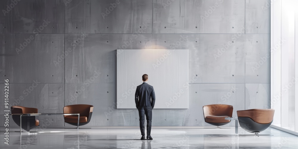 Wall mural Young businessman in a minimalistic office.