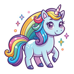 Naklejka premium Cute magical unicorn and raibow. Print for t-shirt or sticker. Vector design isolated on white background. Romantic hand drawing illustration for children