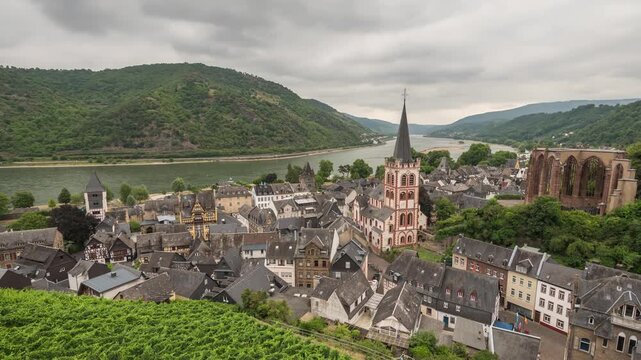 Bacharach Germany time lapse, city skyline and Rhine River view from grape vineyard