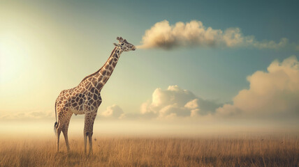 Obraz premium A giraffe stands in the savannah, as if eating a cloud from the sky, like cotton candy.