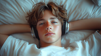 Fototapeta premium Teenager lying on a bed with headphones, using a music streaming app, highly detailed realistic image