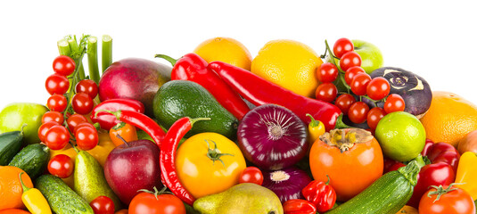 Collection fruits and vegetables isolated on a white. Wide photo.
