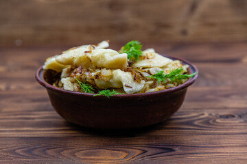 Varenyky with mashed potato. Dish of the Ukrainian cuisine