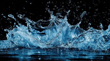 Vibrant blue water splash, captured in mid-air, highlighting the dynamic movement and freshness.