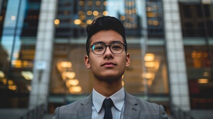 Obraz premium Confident Young Professional in Glasses Standing in Front of Modern Office