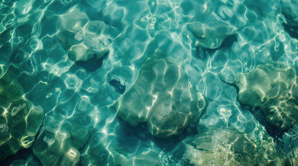 shimmering sun glares on shallow aqua sea water, top view, see rocks through