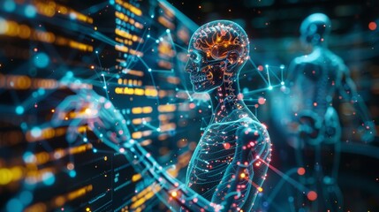 A futuristic AI robot interacts with a digital interface, representing the evolution of technology.