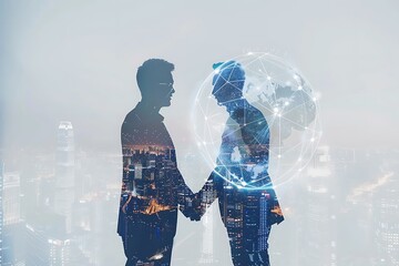 Two businessmen silhouettes shaking hands with a glowing globe representing global business and connection.