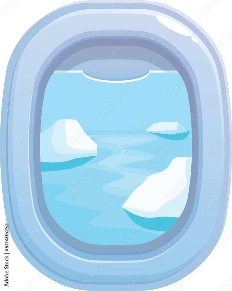 Aufkleber cartoon style icon of an airplane window showing icebergs floating in the ocean