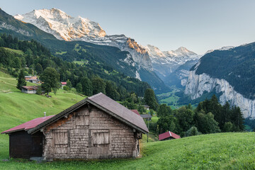 View from Wengen mountain village on bernese oberland and Lauterbrunnen valley in the evening at Switzerland