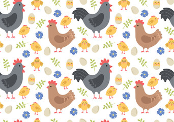 Seamless colorful pattern with a cute chicken, chicks, rooster, eggs and plants. Vector cartoon backdrop in flat style	