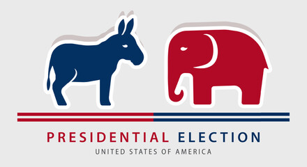 Obraz premium Banner with a red elephant and a blue donkey, symbols of the Republican and Democratic parties above the words 