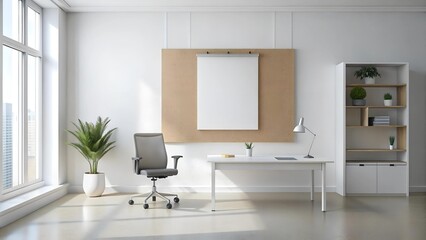 Fototapeta premium Minimalist White Office with an Empty Bulletin Board Generative AI