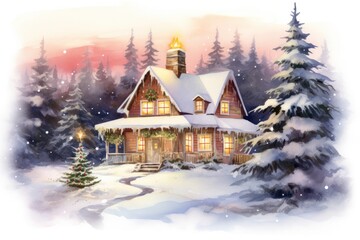 Fototapeta premium A charming watercolor painting of an evergreen Christmas tree hiding in a cozy lair.