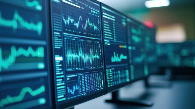 Advanced Data Analysis and Monitoring Screens in Control Room.