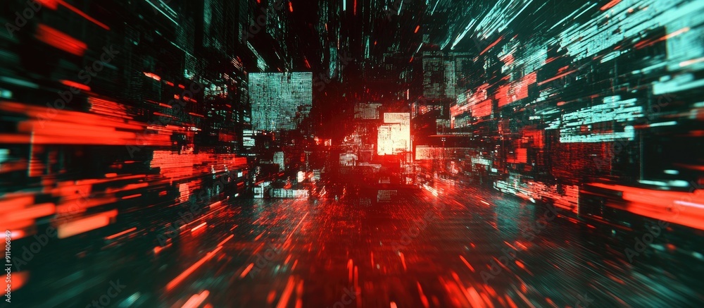 Poster 3d rendered text depicting war theme with technological glitch effects and interference patterns