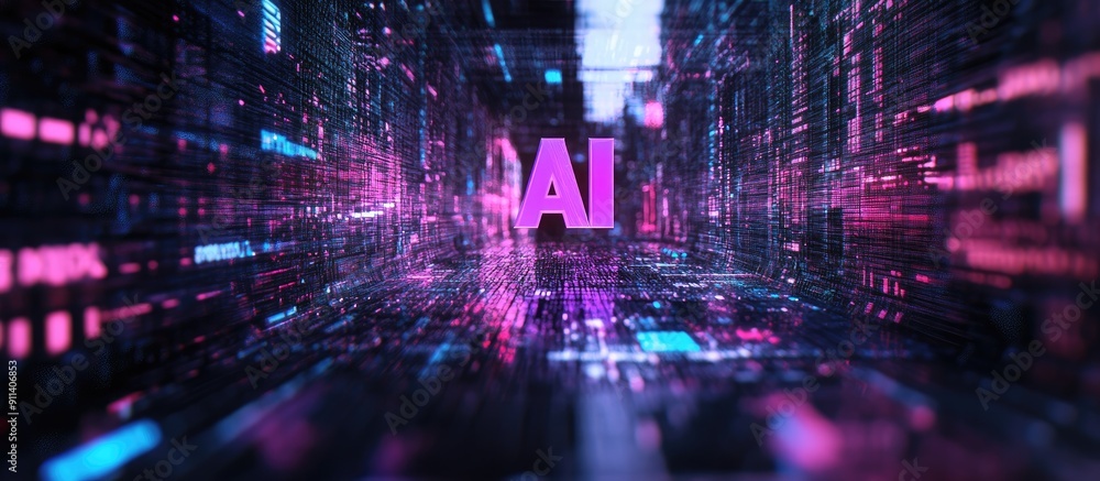 Poster 3d rendered text on ai technology with glitch effects and interference patterns