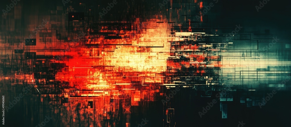 Poster 3d rendered text depicting war theme with technological glitch effects and interference patterns