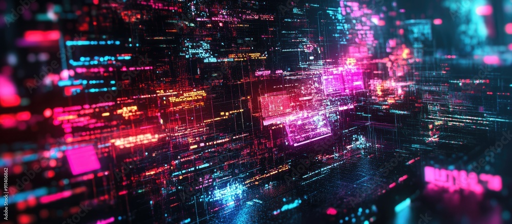 Poster 3d rendered text depicting technological failures with screen glitch effects and interference