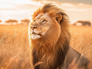 Regal lion in the golden light of the African savannah, sitting proudly in tall grass and exuding strength and majesty.