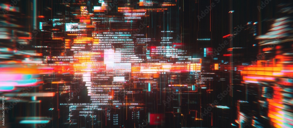 Poster 3d rendering of technology themed text with visual glitches and screen interference effects