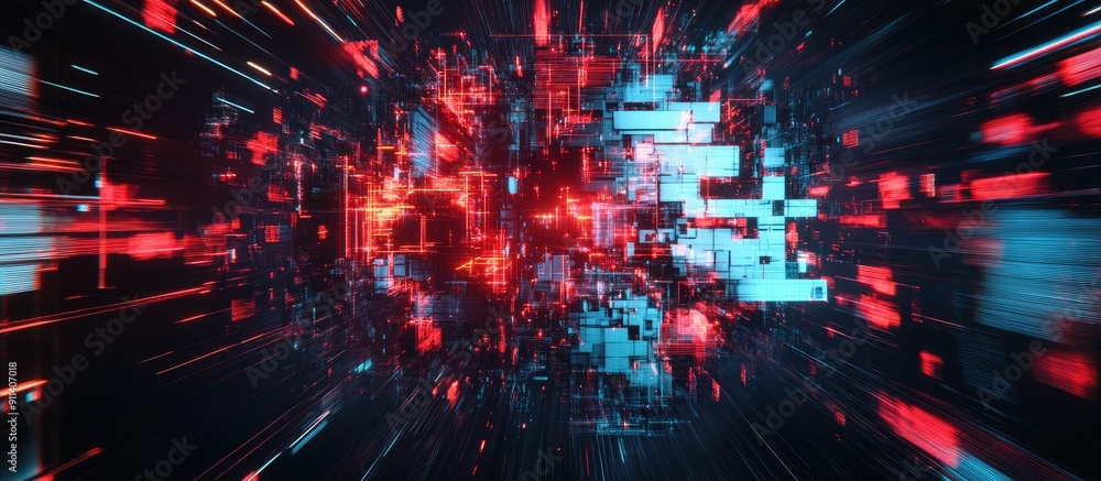 Poster 3d rendering of text with technological glitches and visual interference effects