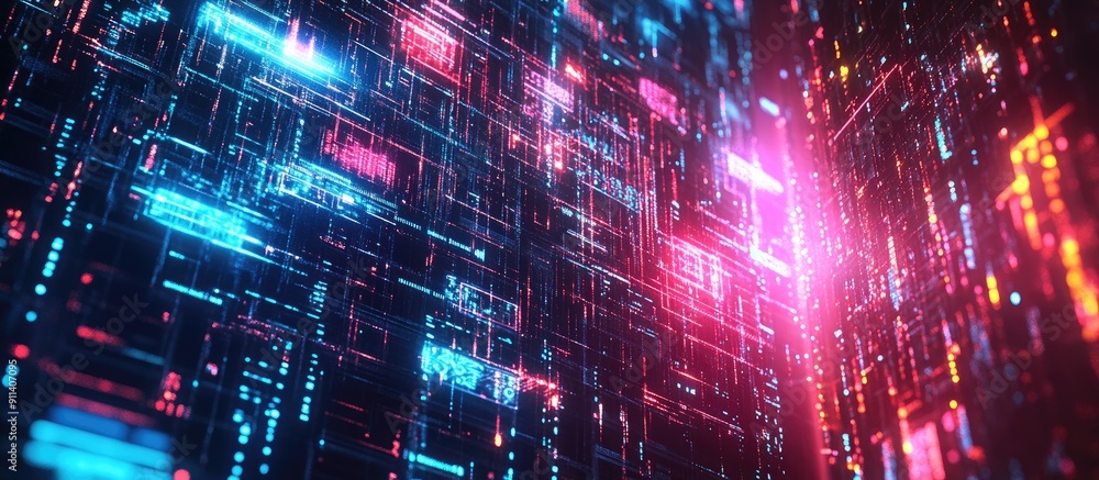 Poster 3d text rendering with futuristic screen glitches and technological interference effects
