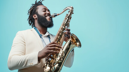 Fototapeta premium Smiling man playing a saxophone while wearing a white suit, showcasing his musical talent and joyful expression on a blue background.